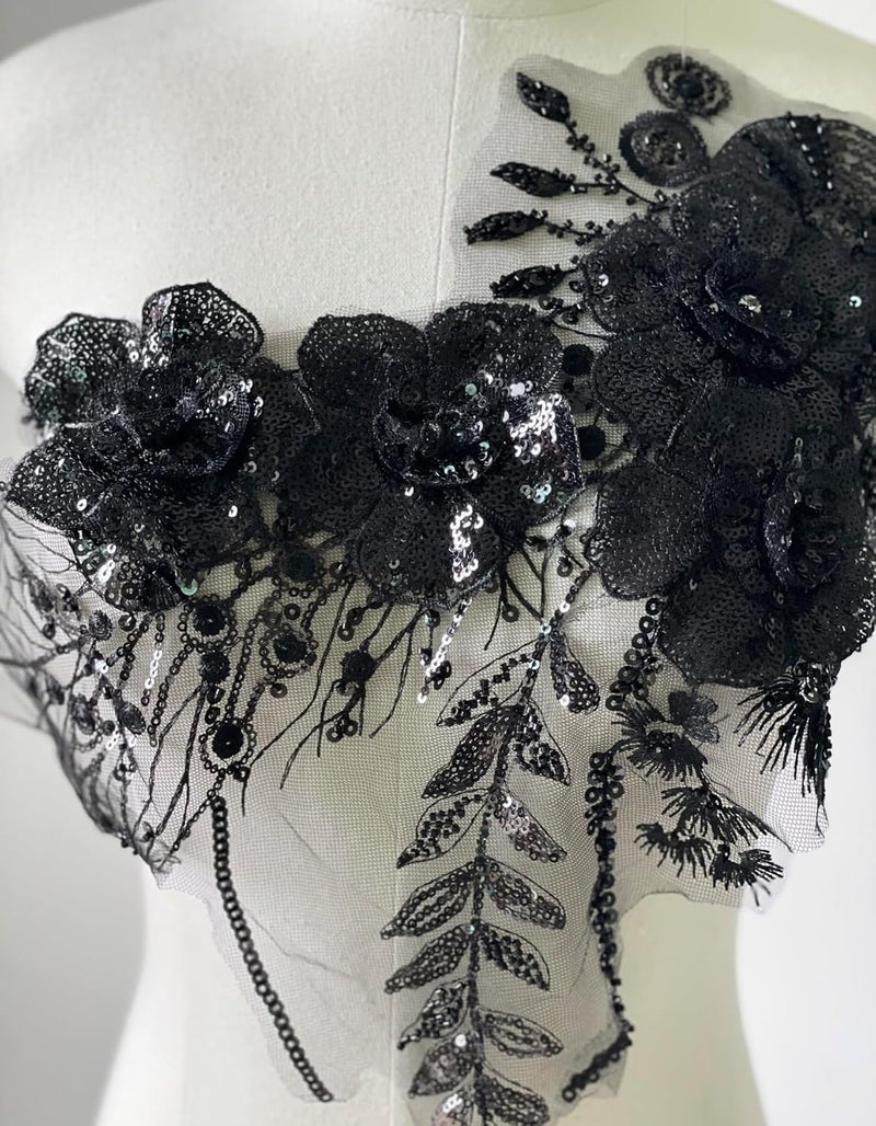 JRYYR Black Sequin Applique Patches, Handmade DIY Sew on 3D Flower Appliques for Clothing,Dresses, Dance Costumes, Bags, Home Decor (Black-A) - Image 3